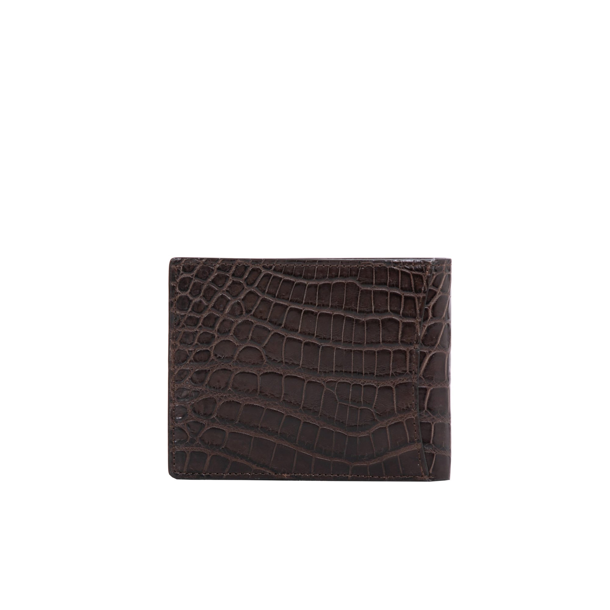 Dark brown crocodile-patterned wallet on a white background