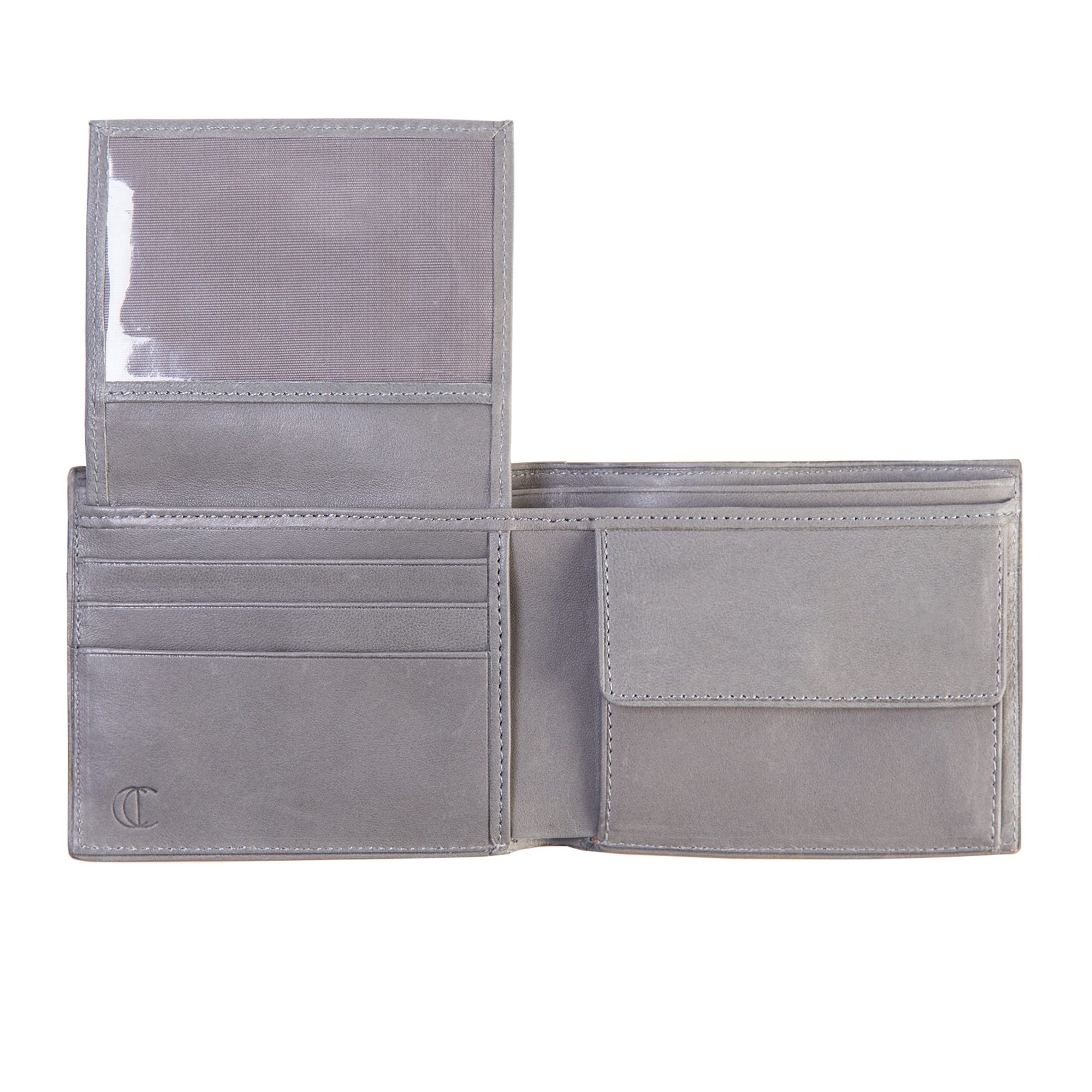 Inside of gray leather wallet on a white background