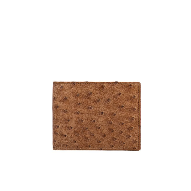 Brown ostrich-textured wallet on a white background