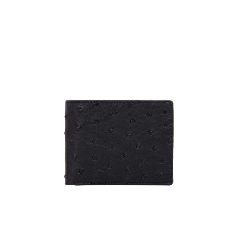 Black ostrich-textured wallet on a white background