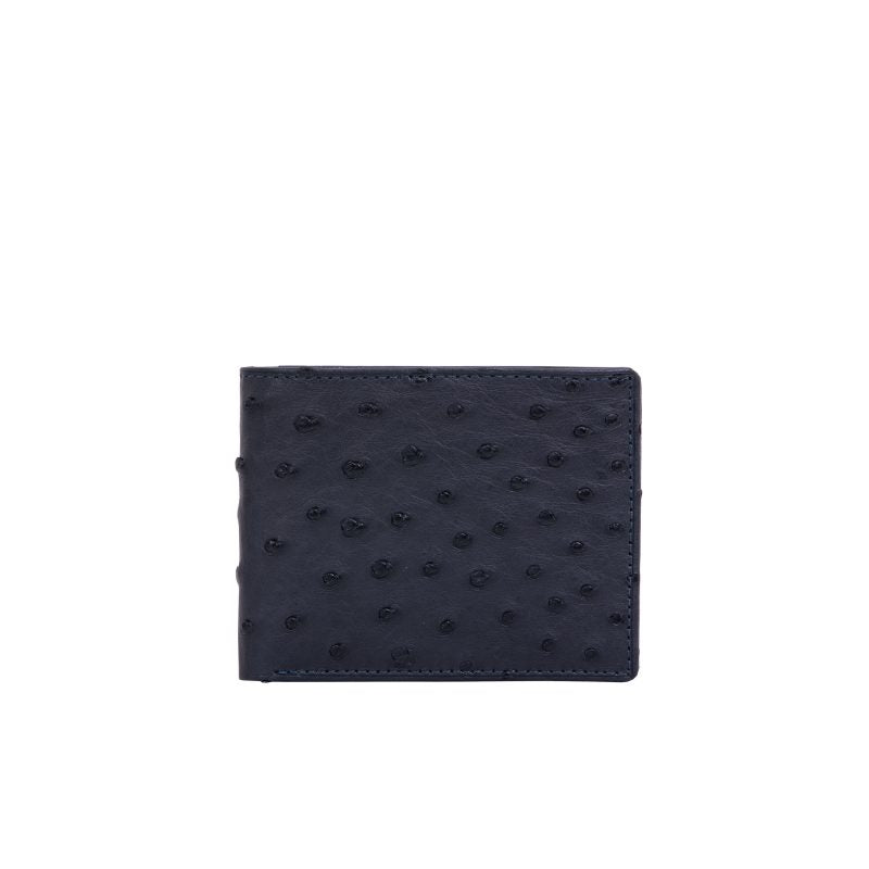 Navy ostrich-textured wallet on a white background
