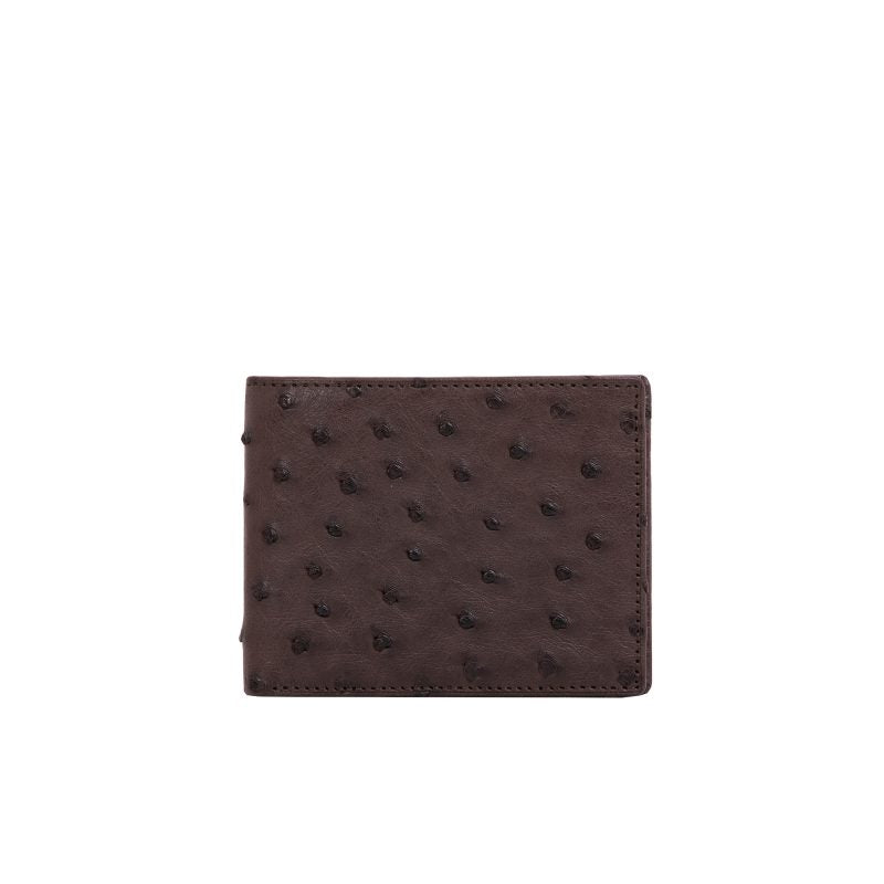 Dark brown ostrich-textured wallet on a white background