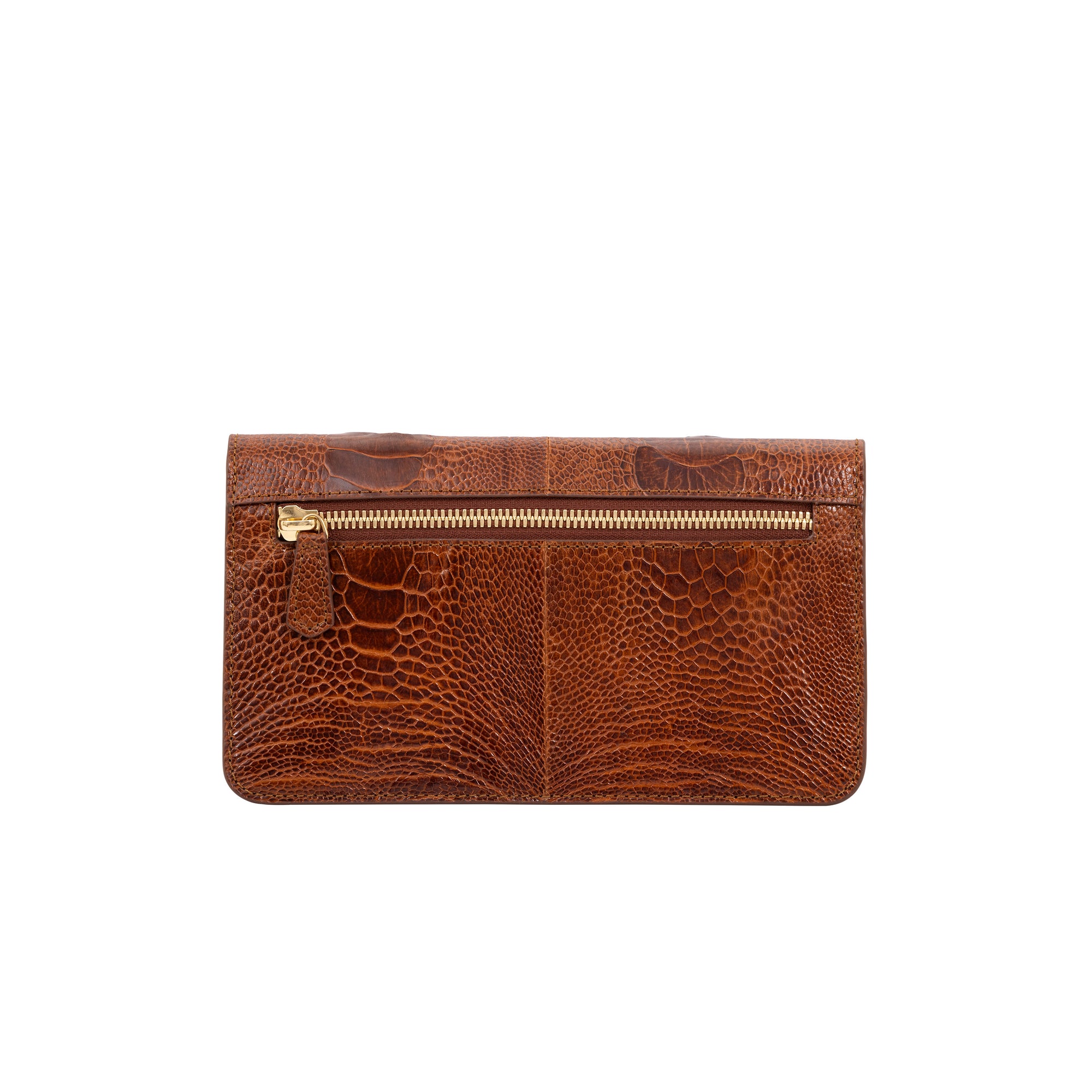 Brown textured clutch bag on a white background