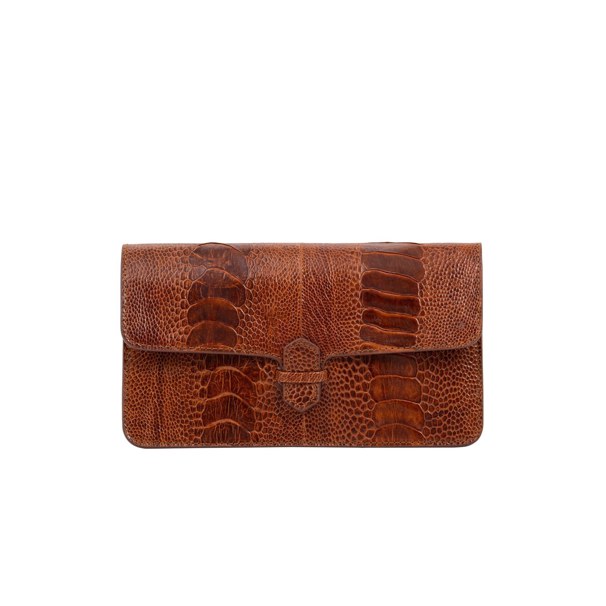 Brown textured clutch bag on a white background