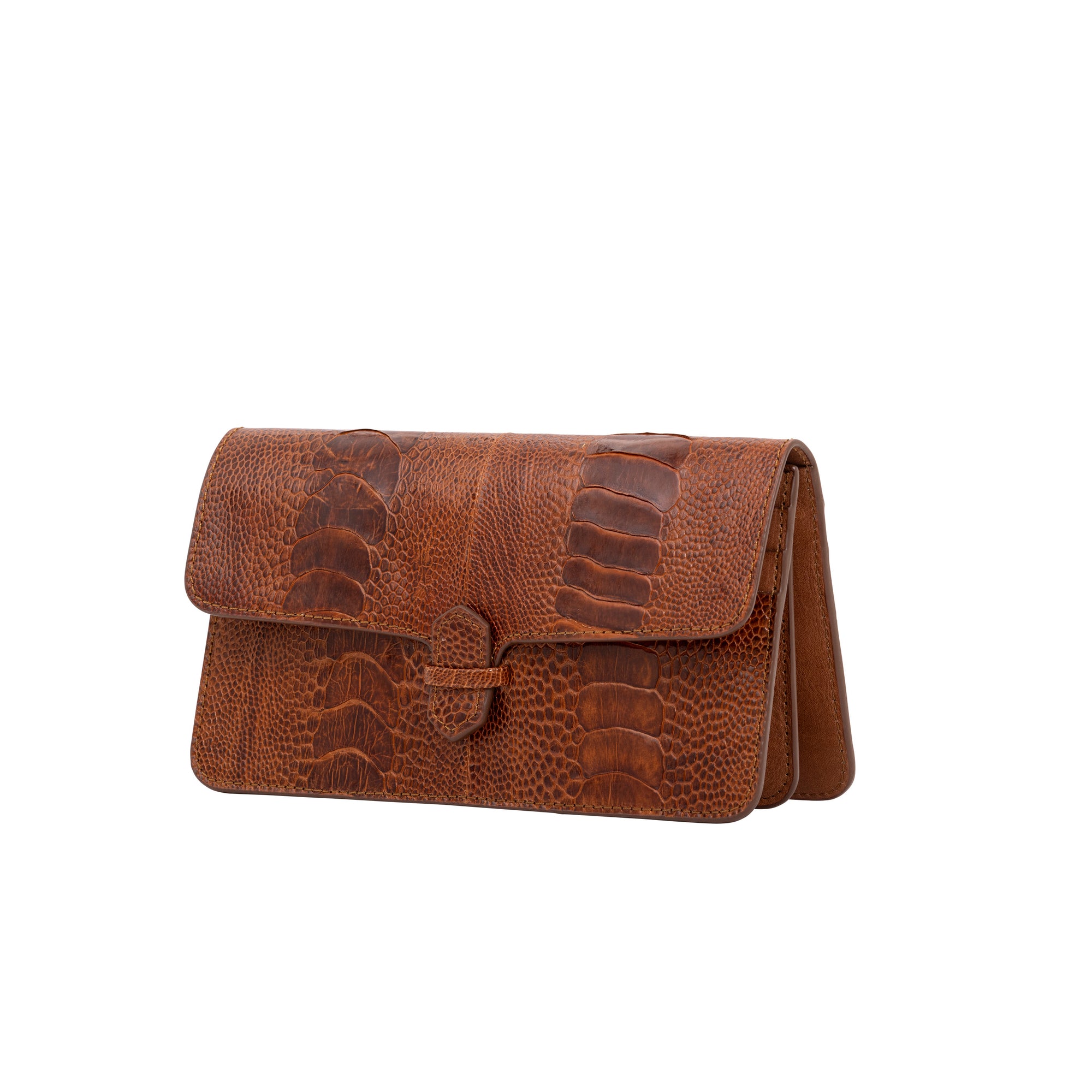Brown textured clutch bag on a white background