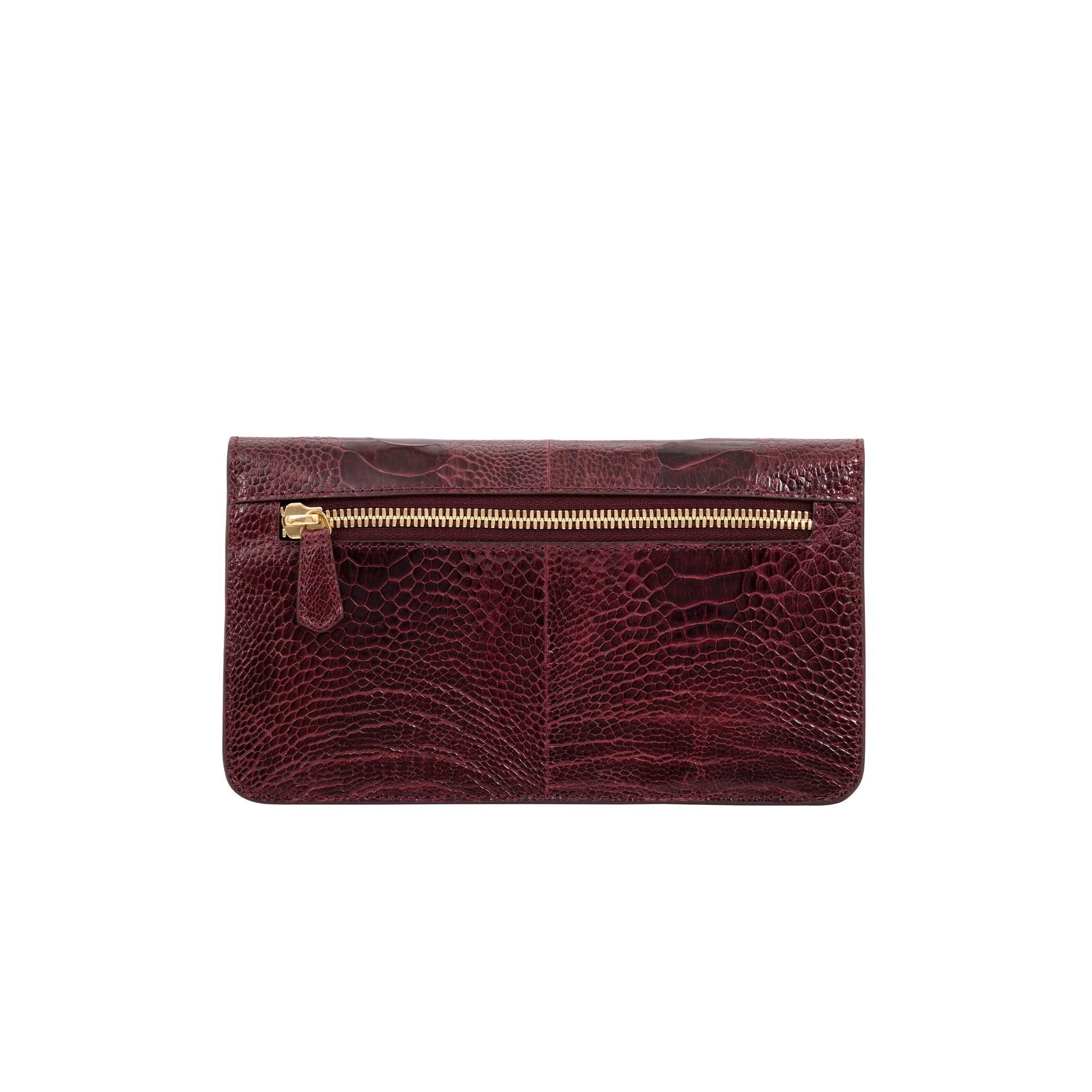 Burgundy textured clutch bag on a white background