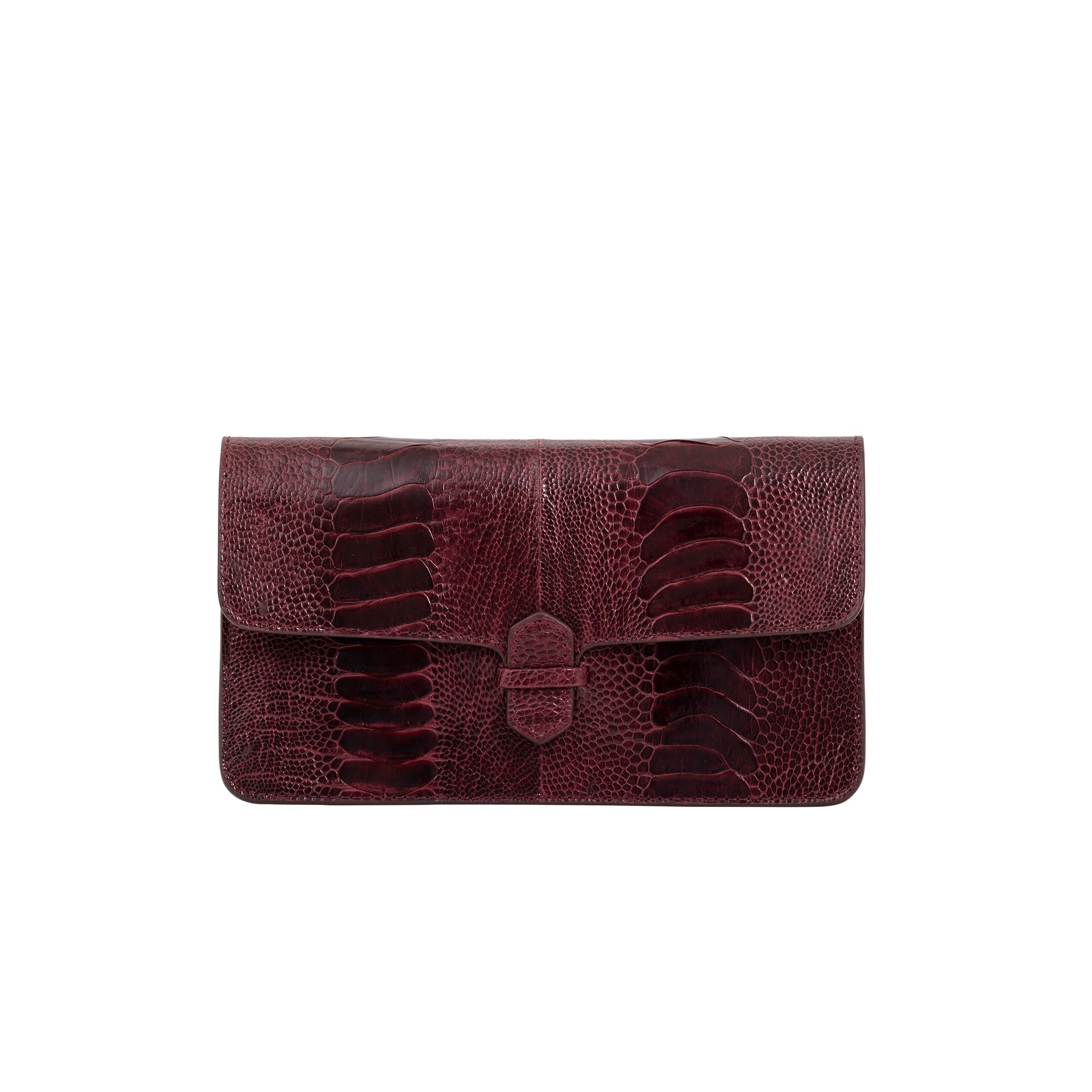 Burgundy textured clutch bag on a white background