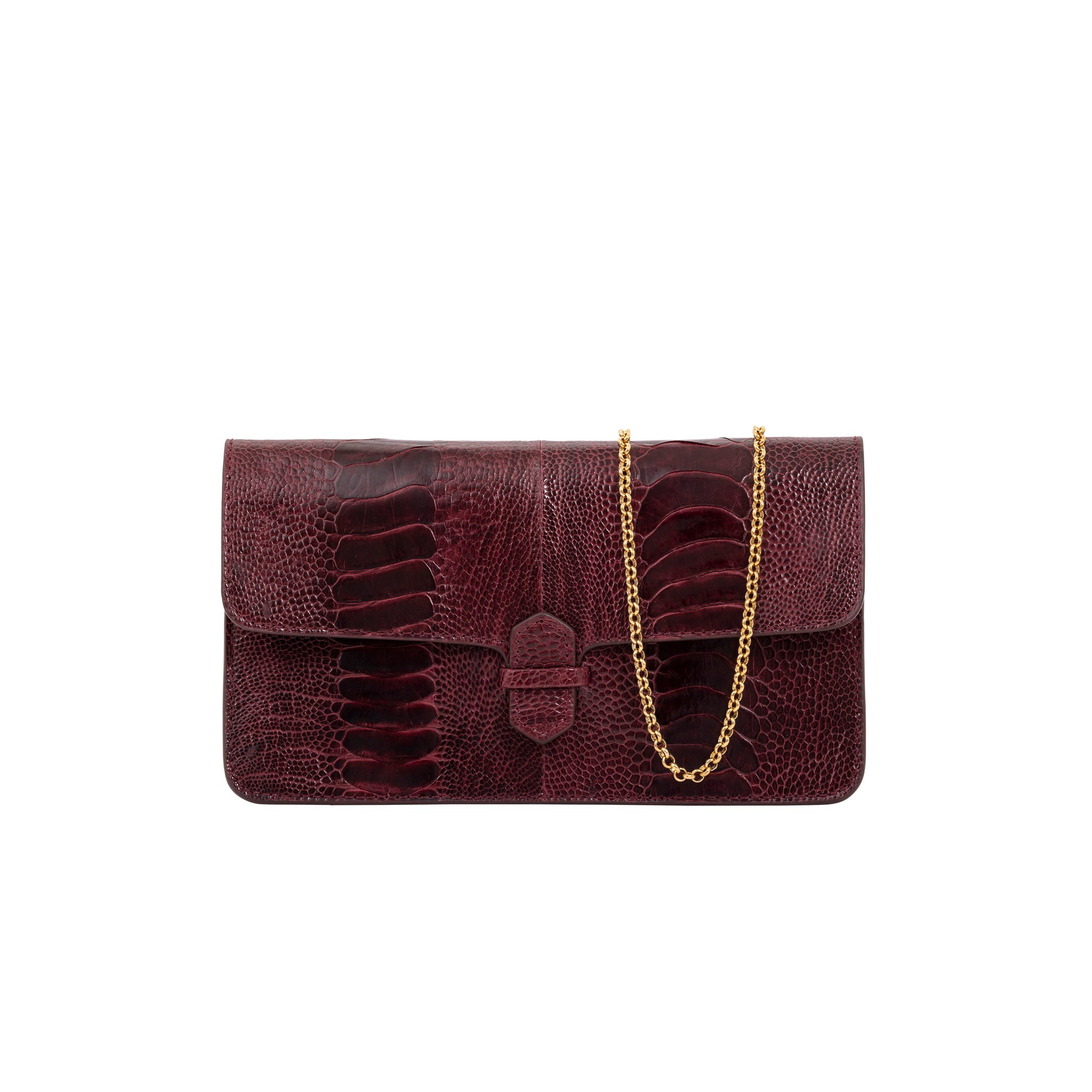Burgundy textured clutch bag on a white background