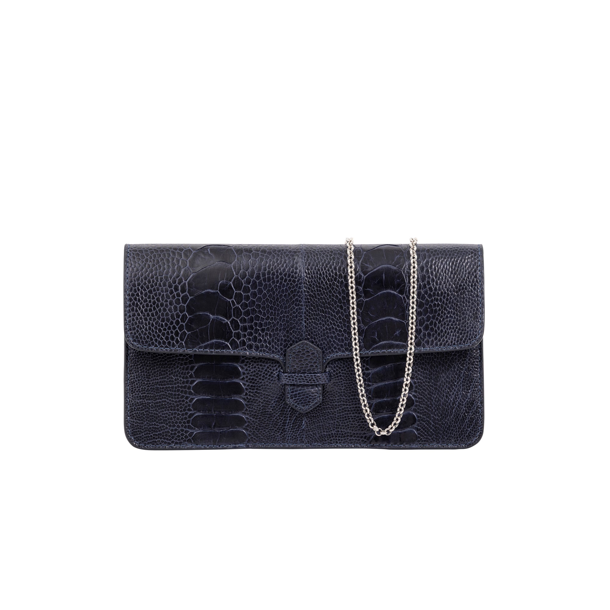Navy textured clutch bag on a white background
