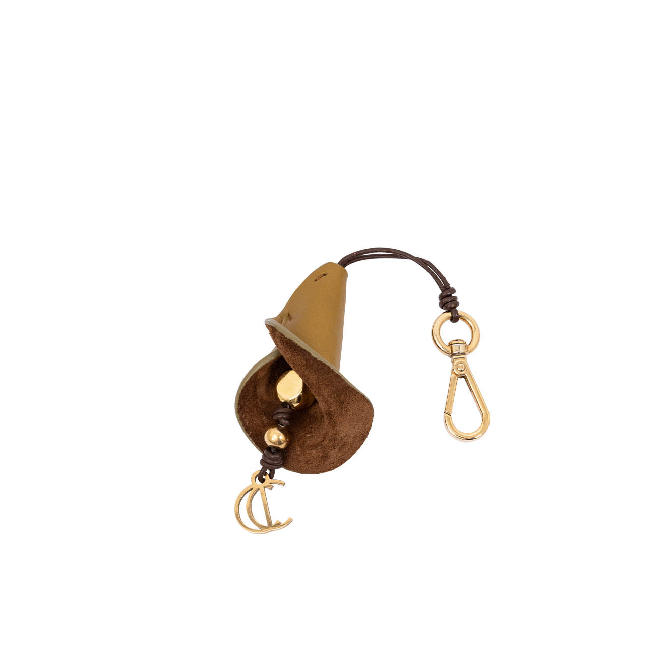 Brown leather keychain with gold accents on a white background