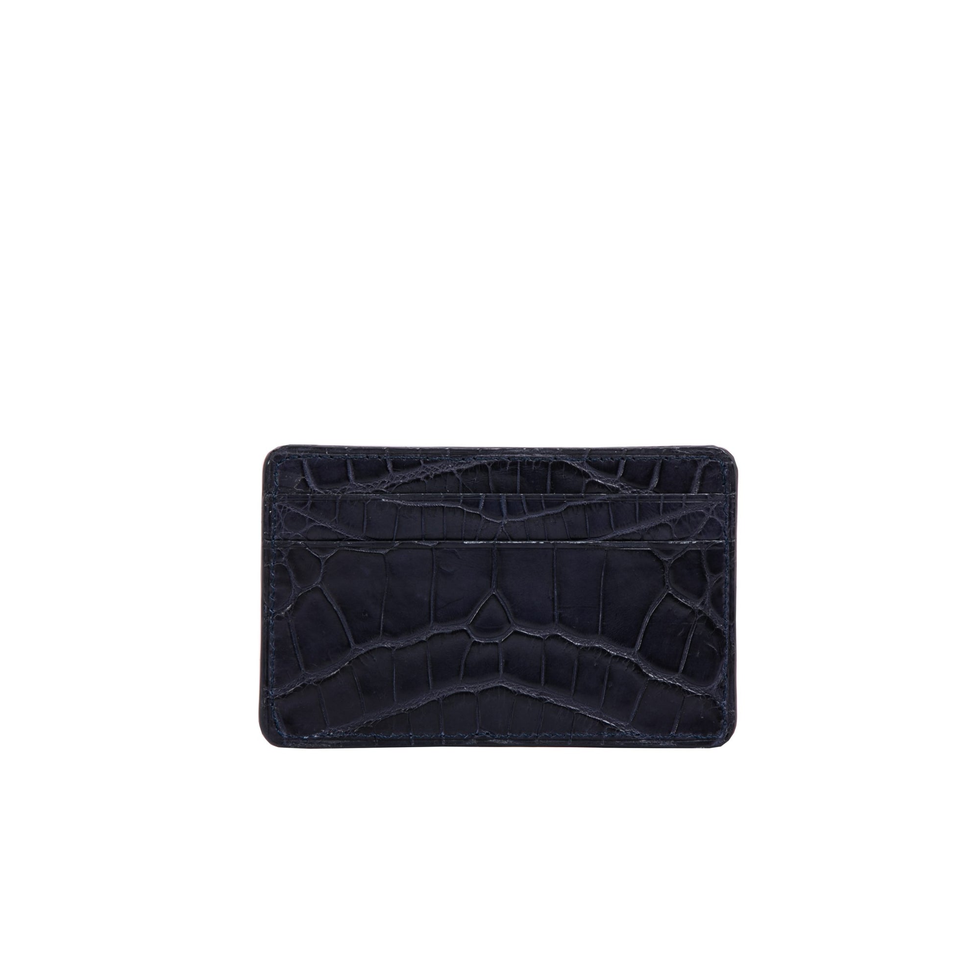 Back of a navy crocodile textured cardholder on a white background