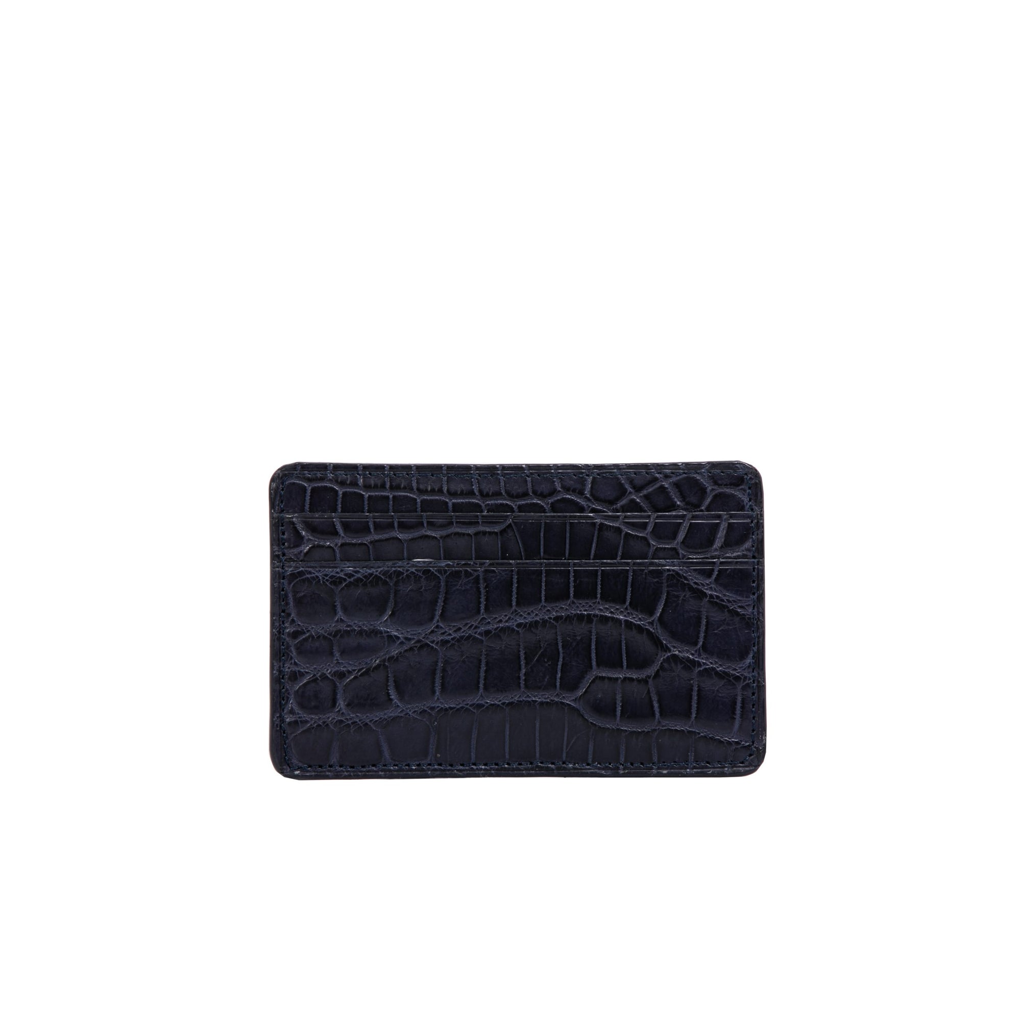 Front of a navy crocodile textured cardholder on a white background