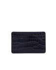 Front of a navy crocodile textured cardholder on a white background