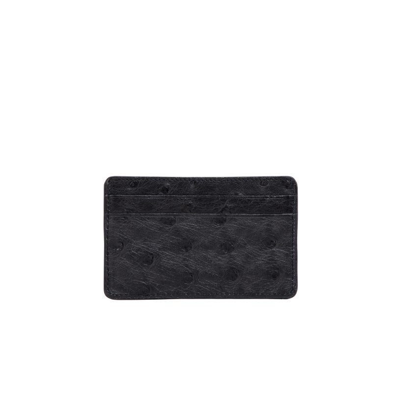 Back of a black ostrich textured cardholder on a white background