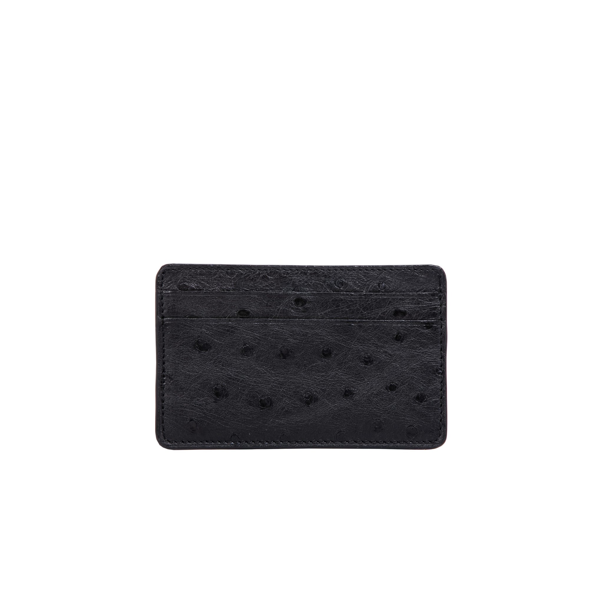Front of a black ostrich textured cardholder on a white background