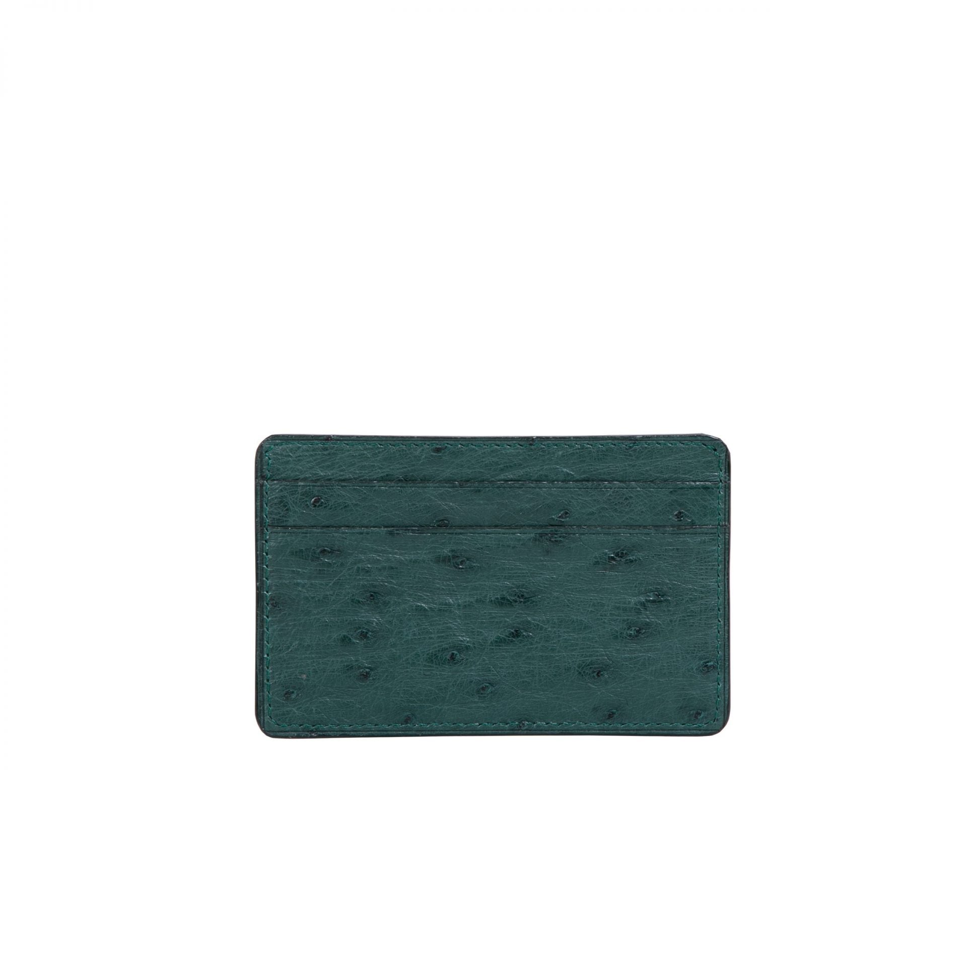 Back of a dark green ostrich textured cardholder on a white background