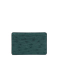 Back of a dark green ostrich textured cardholder on a white background