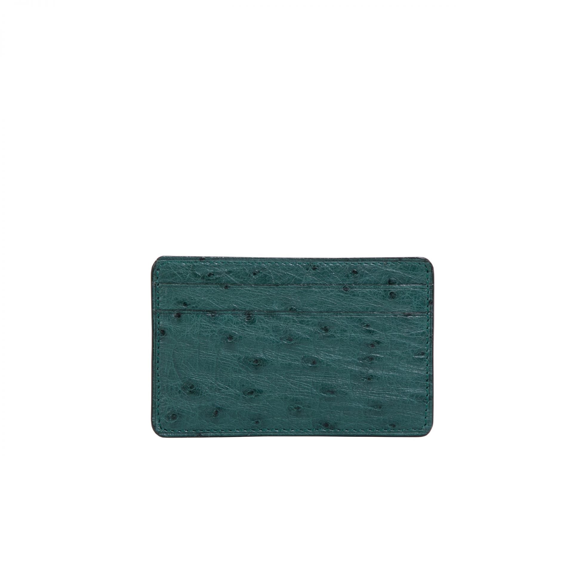 Front of a dark green ostrich textured cardholder on a white background