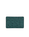 Front of a dark green ostrich textured cardholder on a white background