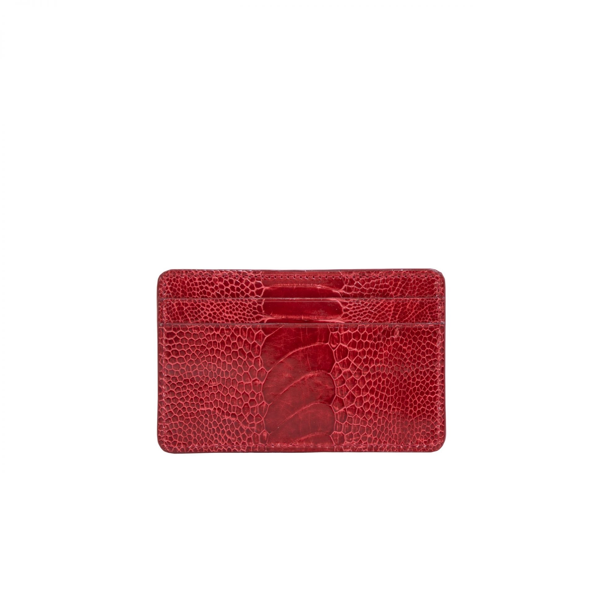 Front of a red ostrich leg textured cardholder on a white background