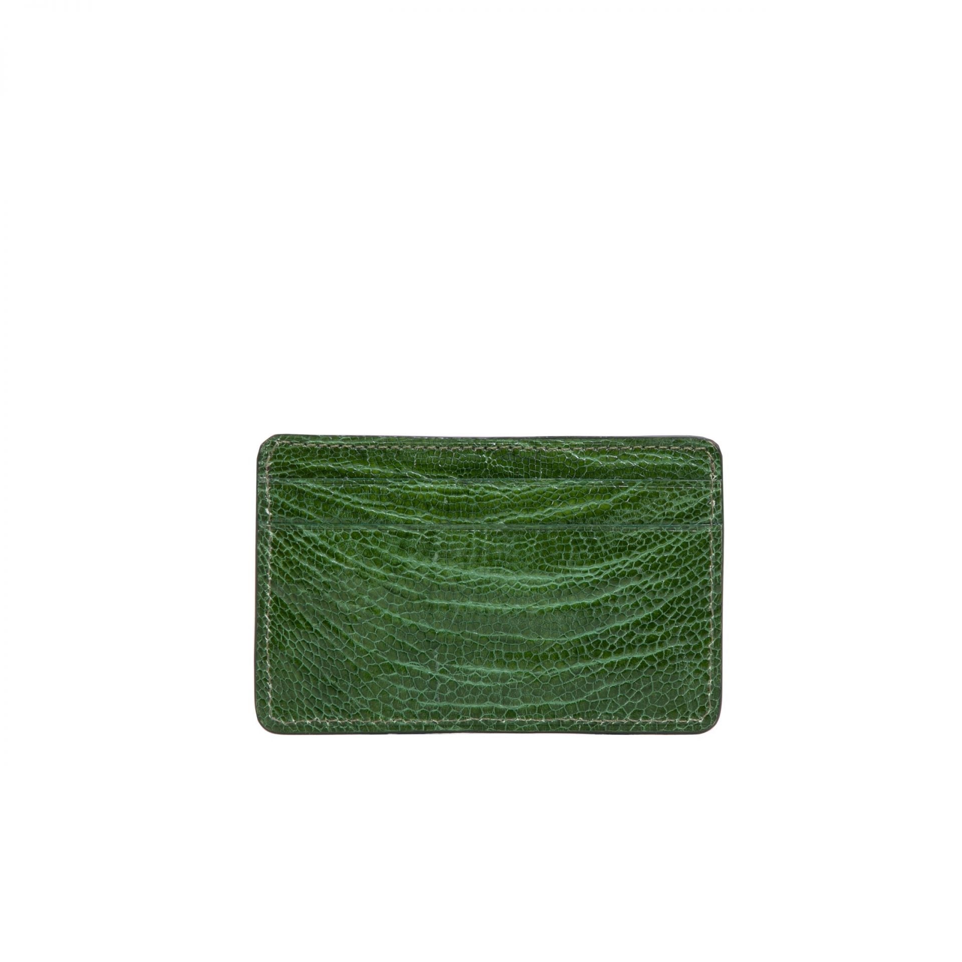 Back of a green ostrich leg textured cardholder on a white background