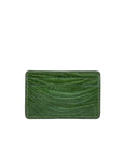 Back of a green ostrich leg textured cardholder on a white background