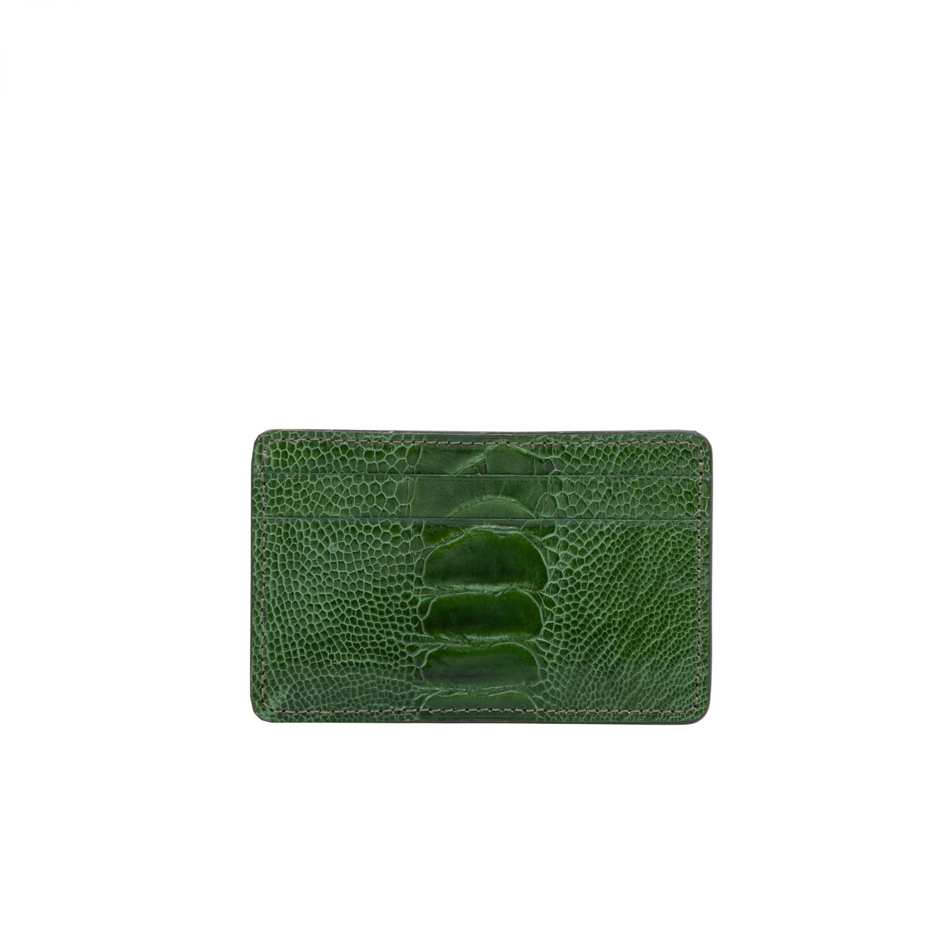 Front of a green ostrich leg textured cardholder on a white background