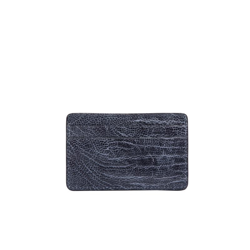 Back of a grey ostrich leg textured cardholder on a white background