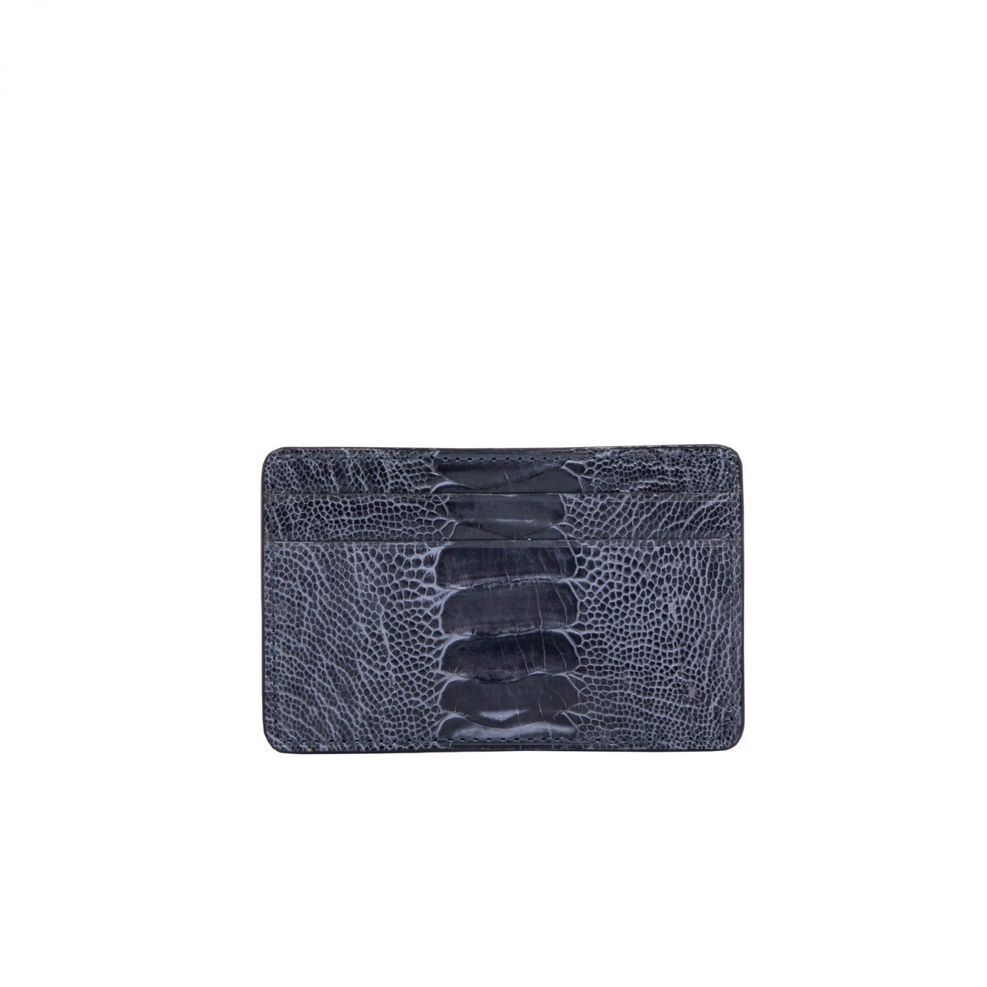 Front of a grey ostrich leg textured cardholder on a white background