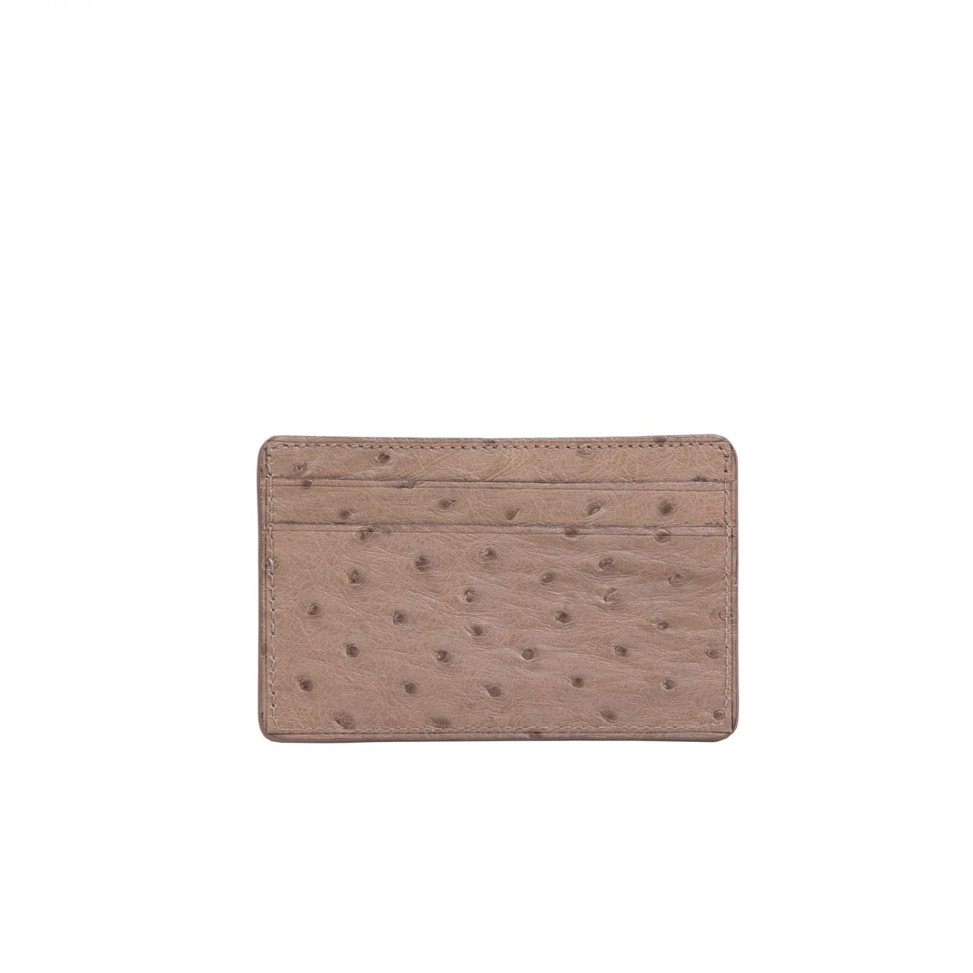 Back of a beige ostrich textured cardholder on a white background