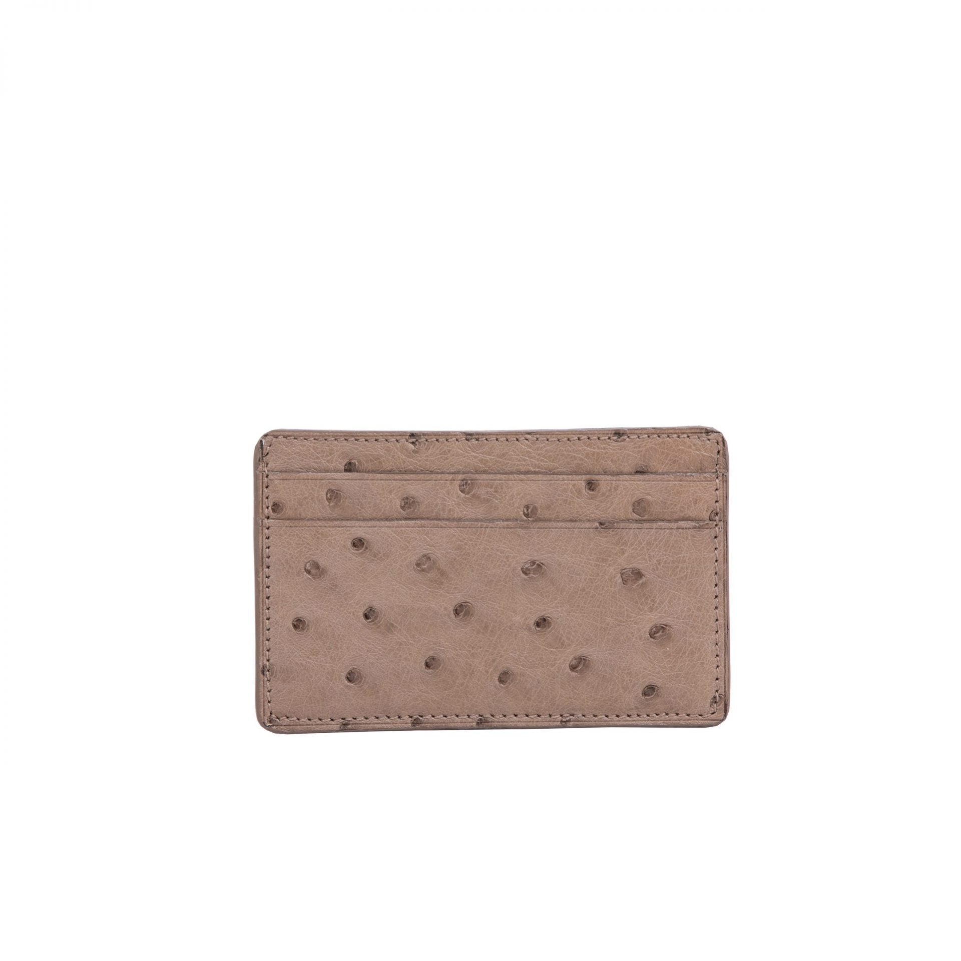 Front of a beige ostrich textured cardholder on a white background