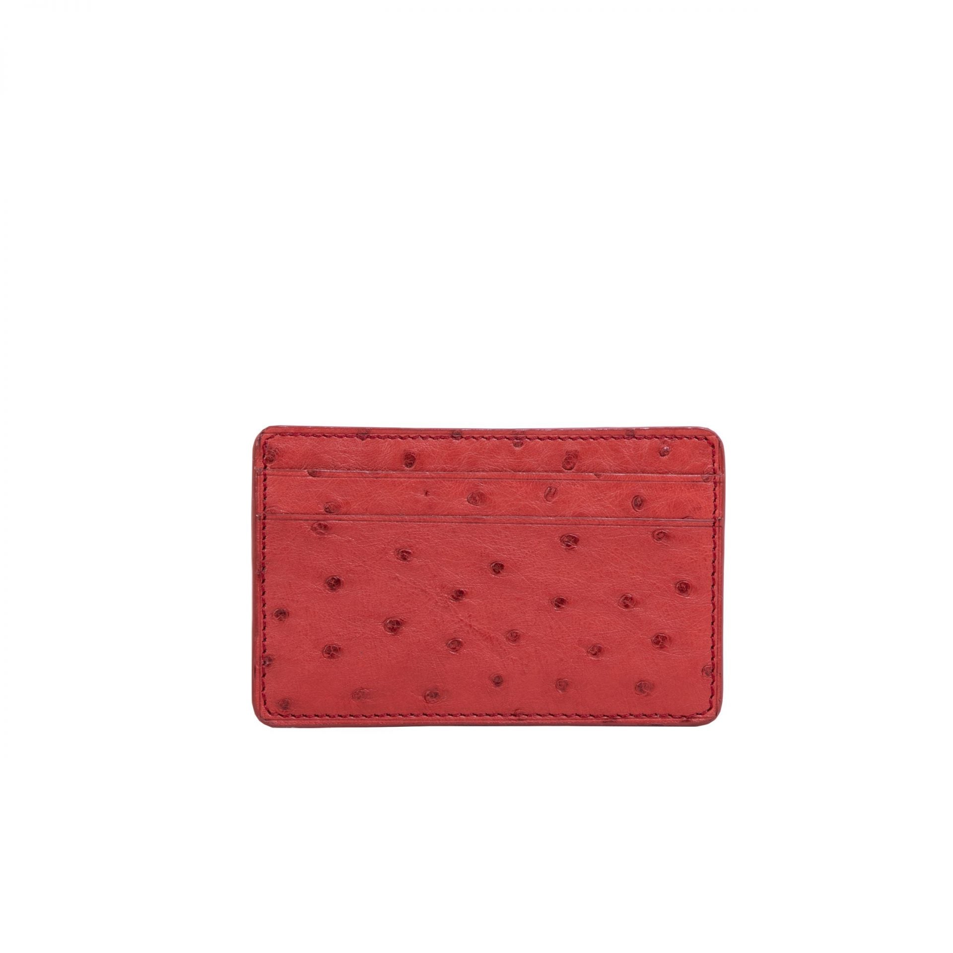 Back of a red ostrich textured cardholder on a white background