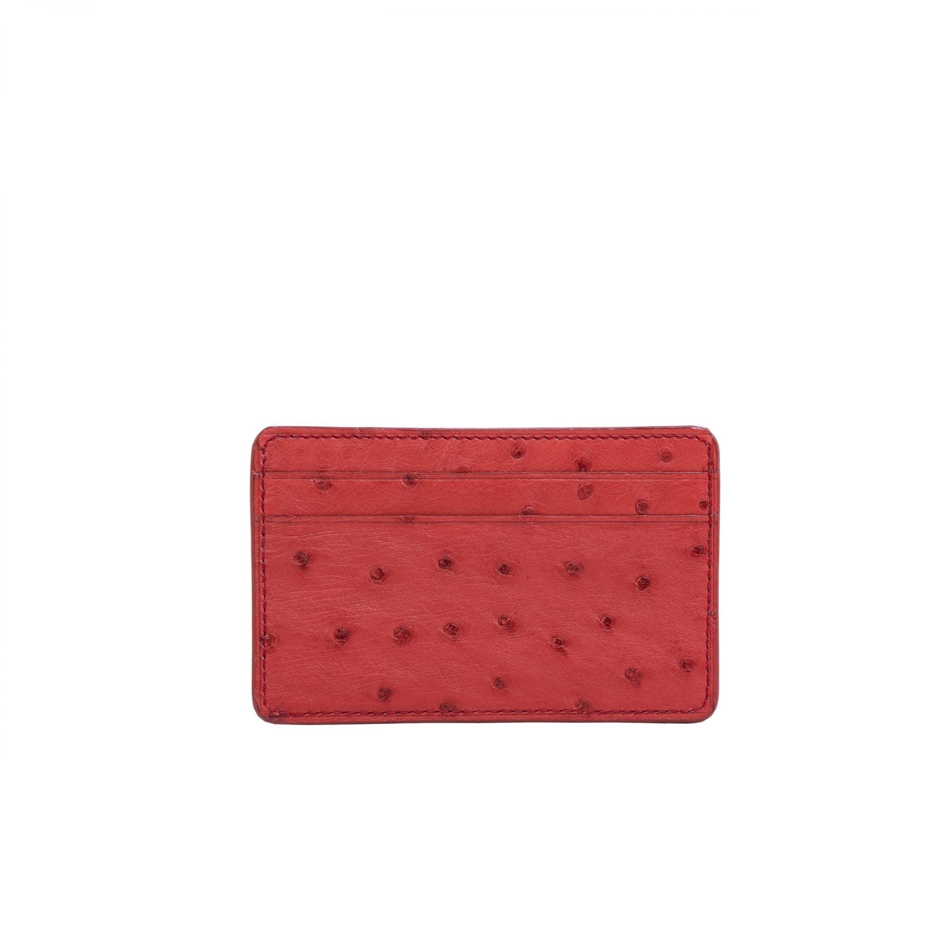 Front of a red ostrich textured cardholder on a white background