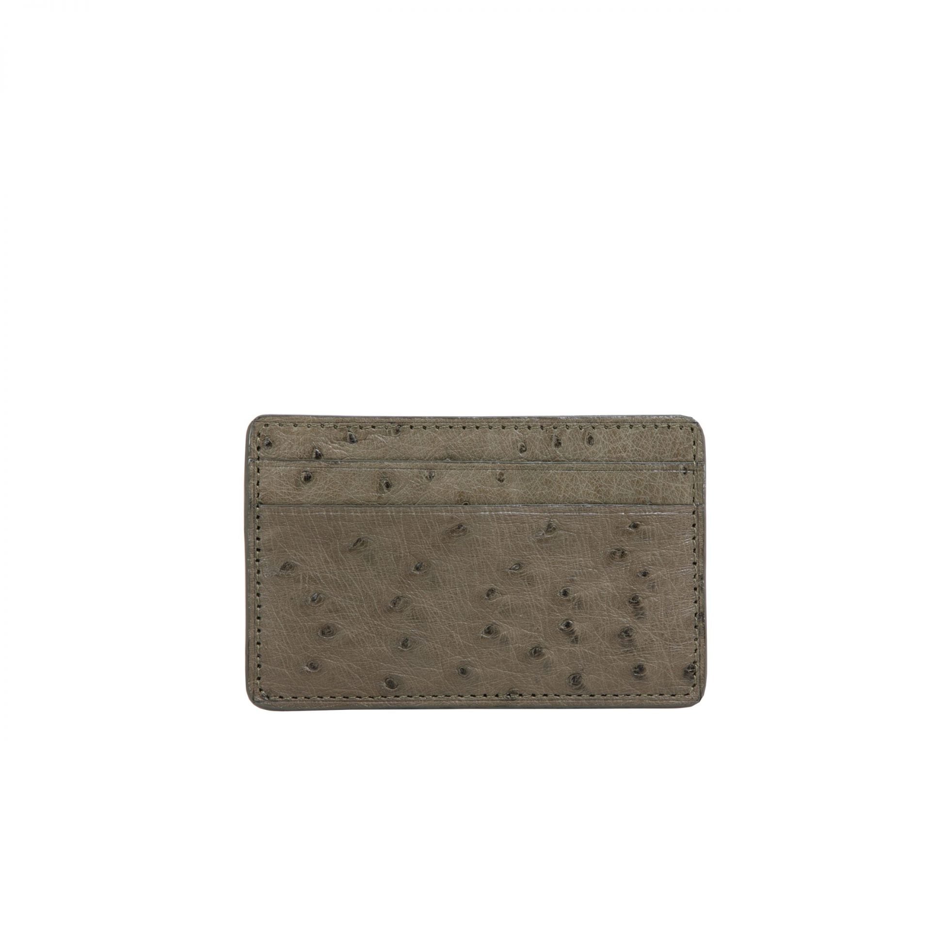 Back of a olive green ostrich textured cardholder on a white background
