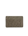 Back of a olive green ostrich textured cardholder on a white background