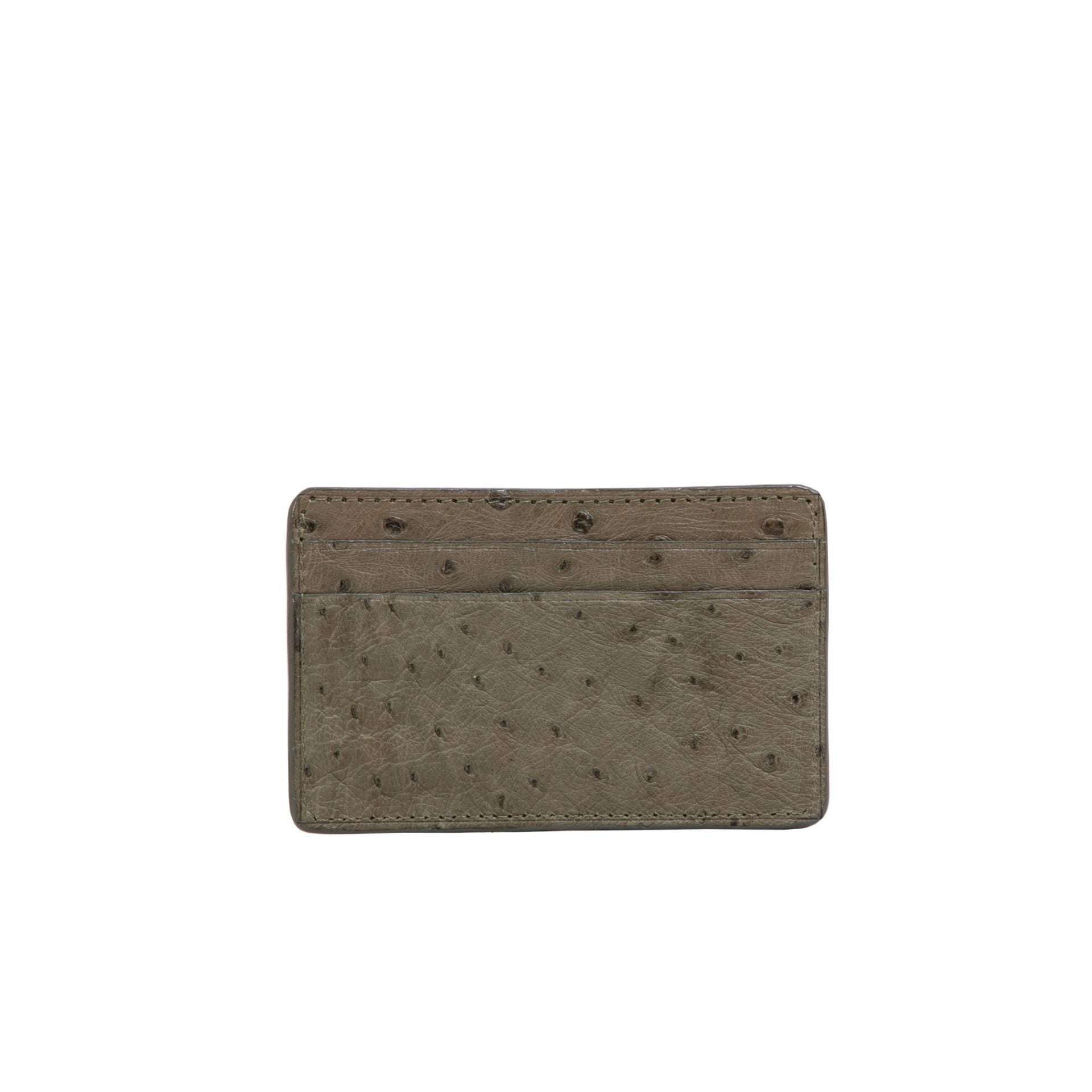 Front of a olive green ostrich textured cardholder on a white background