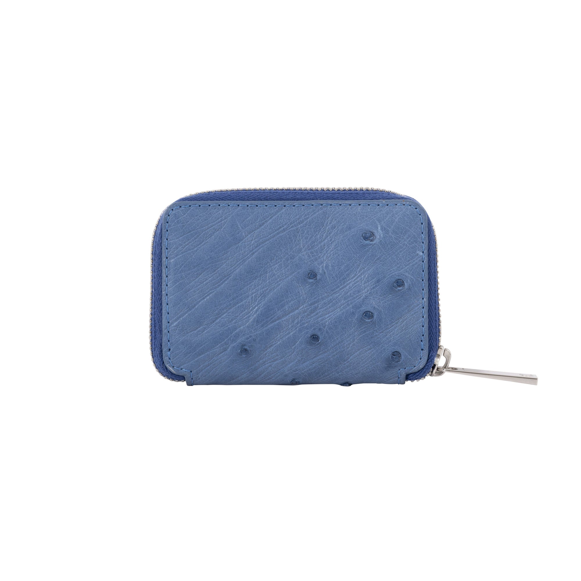 Back of blue ostrich textured wallet purse on a white background