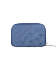 Back of blue ostrich textured wallet purse on a white background