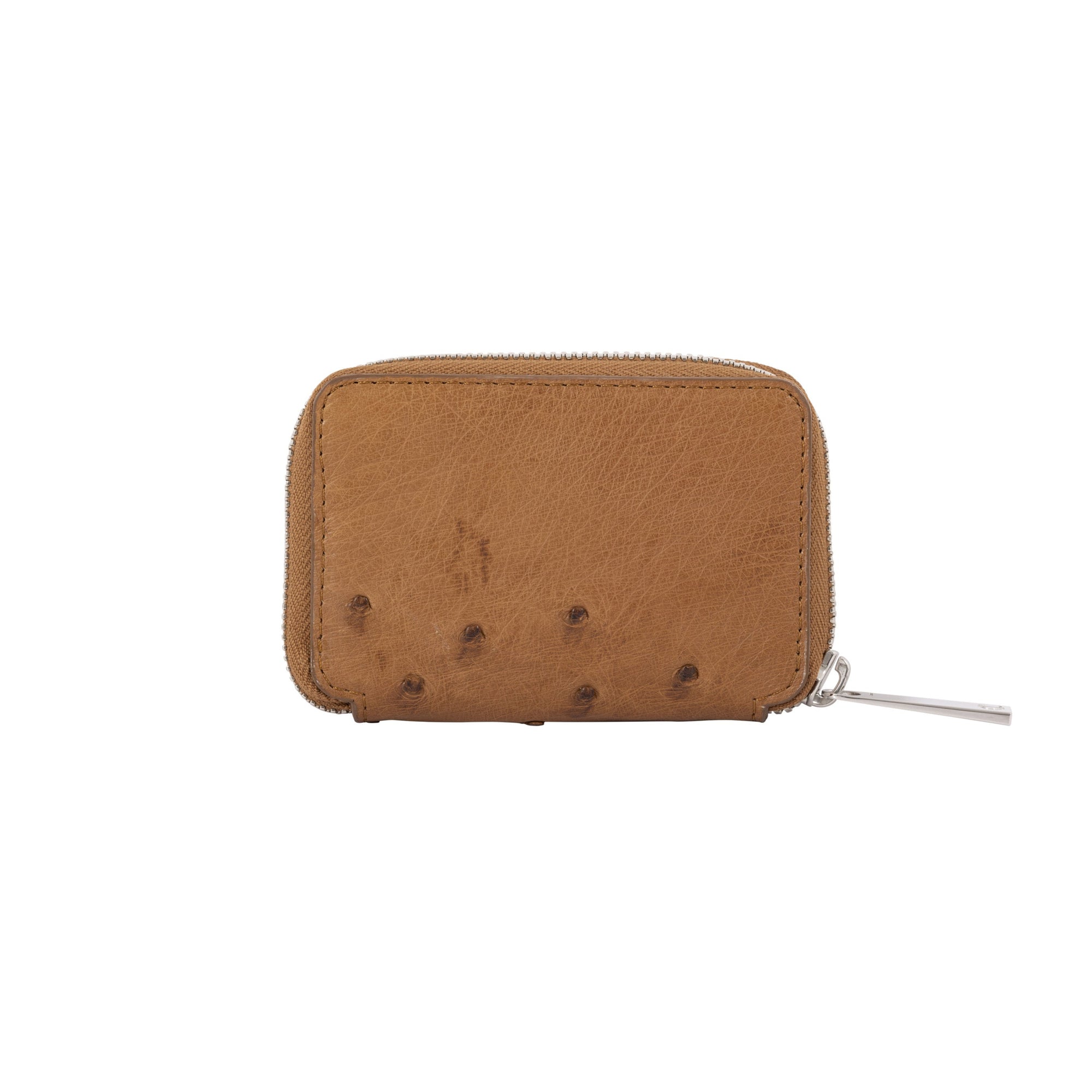 Brown ostrich textured wallet purse on a white background