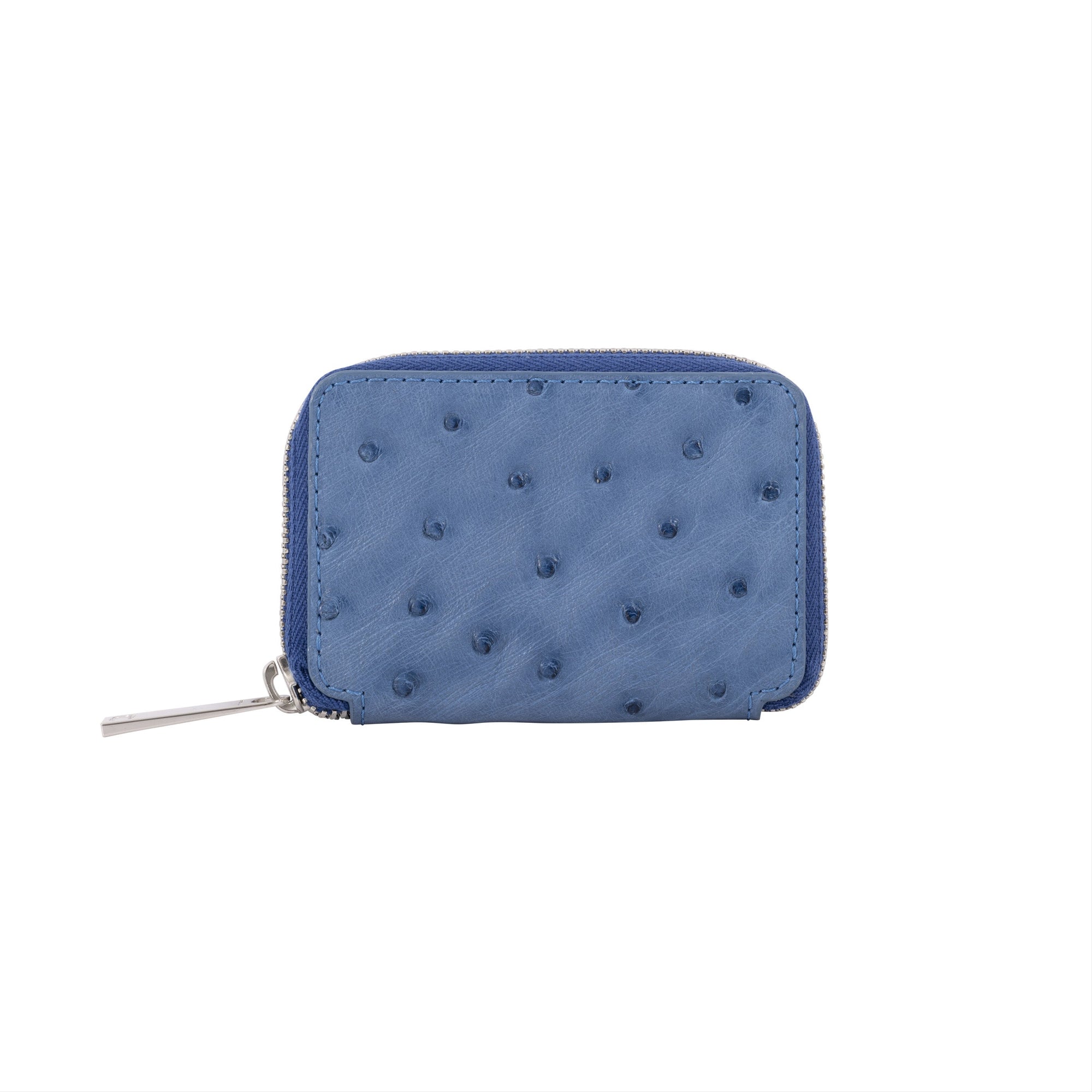 Front of blue ostrich textured wallet purse on a white background