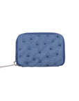 Front of blue ostrich textured wallet purse on a white background