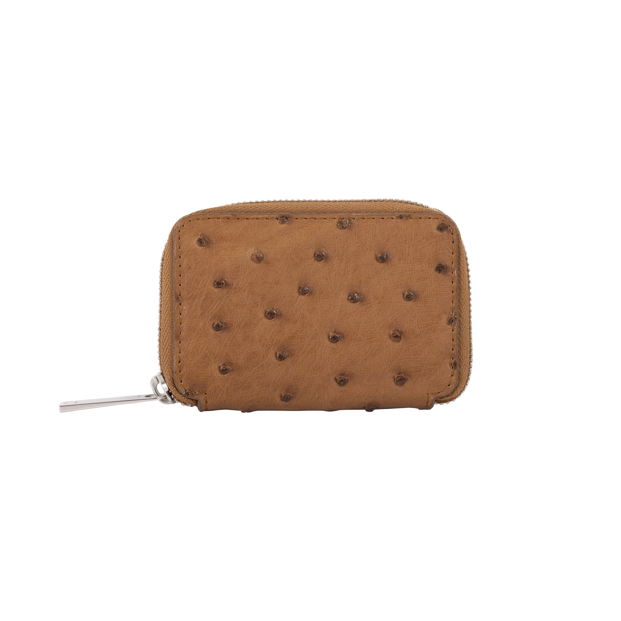 Front of brown ostrich textured wallet on a white background