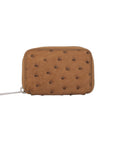 Front of brown ostrich textured wallet on a white background