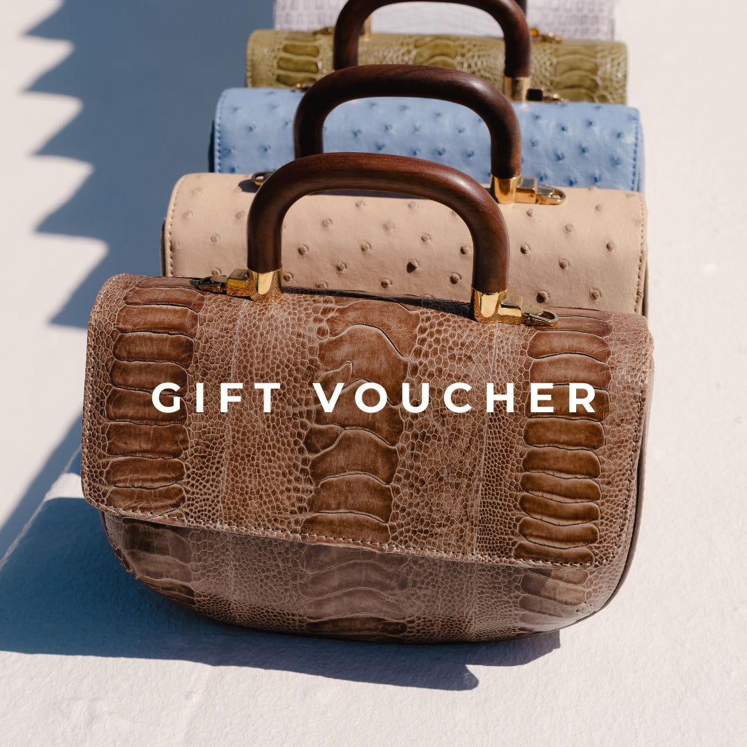 'Gift Voucher' text with various handbags on a light background