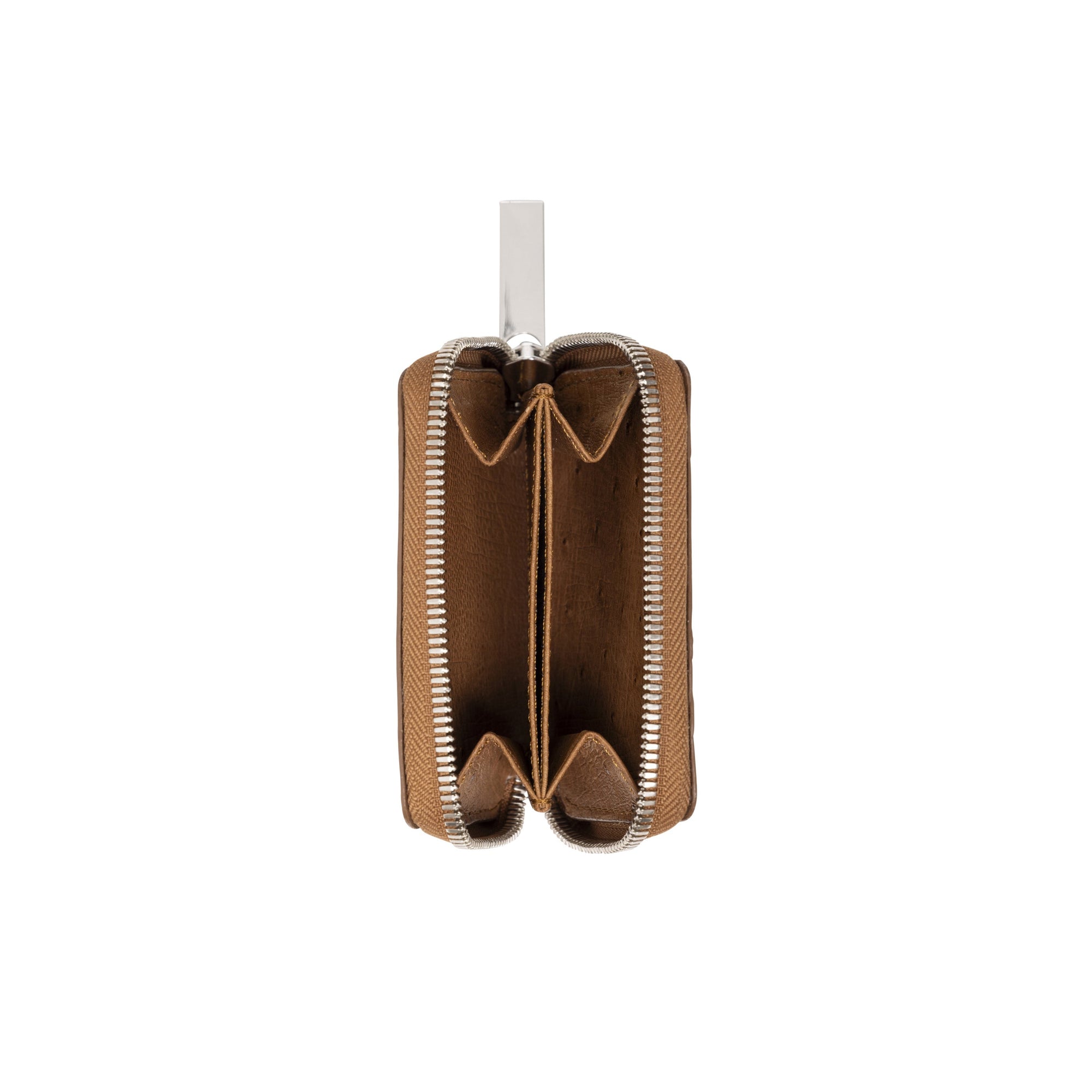 Top view of opened brown wallet on a white background
