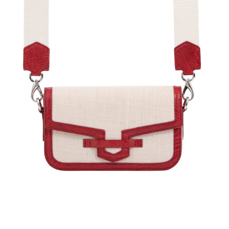 Caia Crossbody in Flame Red Ostrich Leg & Beige Canvas 1