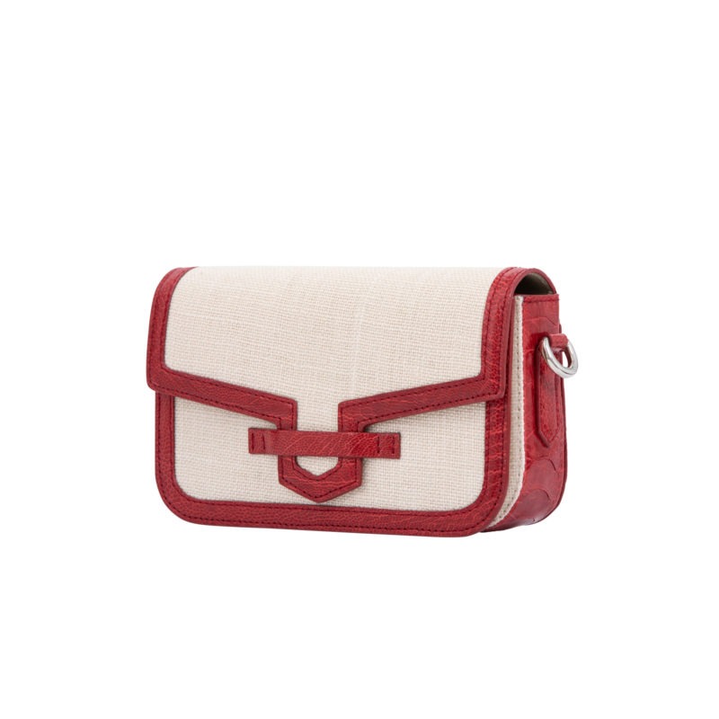 Caia Crossbody in Flame Red Ostrich Leg & Beige Canvas 3