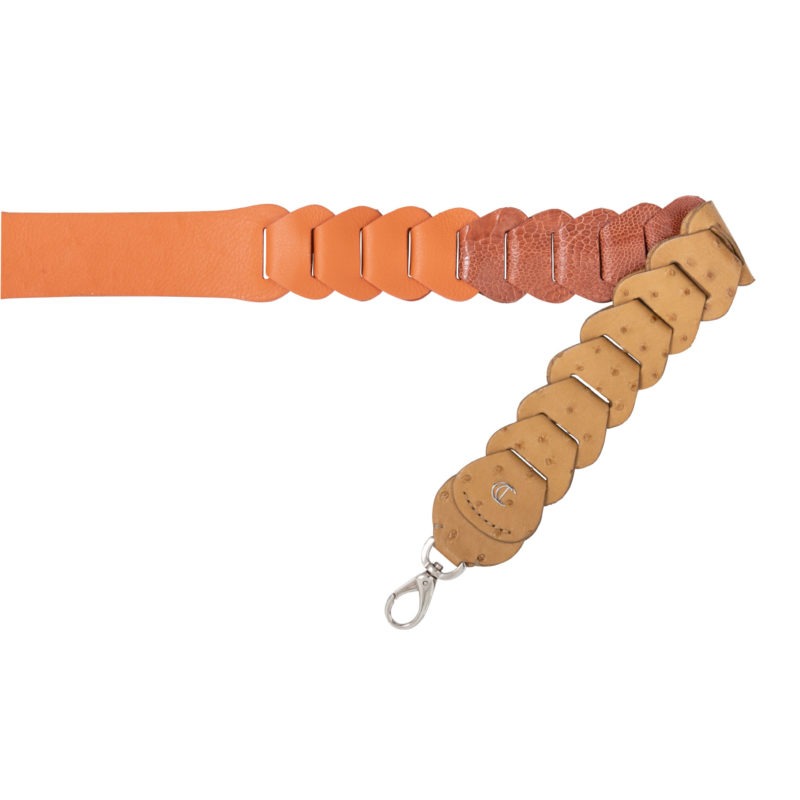Cross body link strap in Mango Nappa, Cognac Ostrich Leg & Antique Saddle Ostrich Combination 1