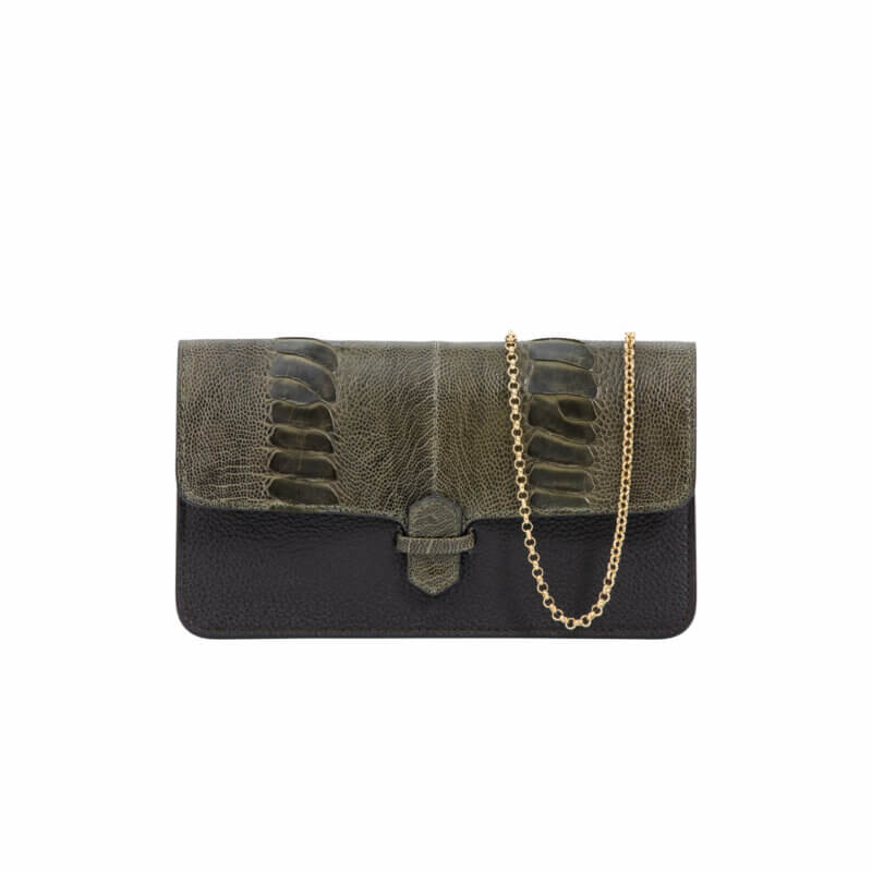 Accordion Crossbody Wallet in Forest Green Ostrich Leg & Brown Nappa 1